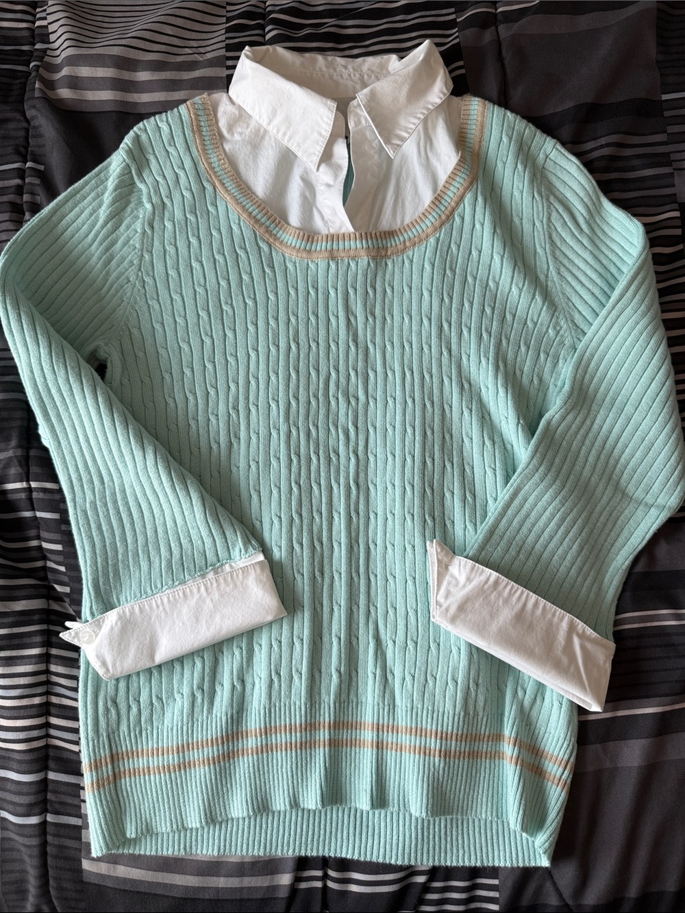 Light Mint Cable-Detail Sweater with Contrast Trim & False White Button Down